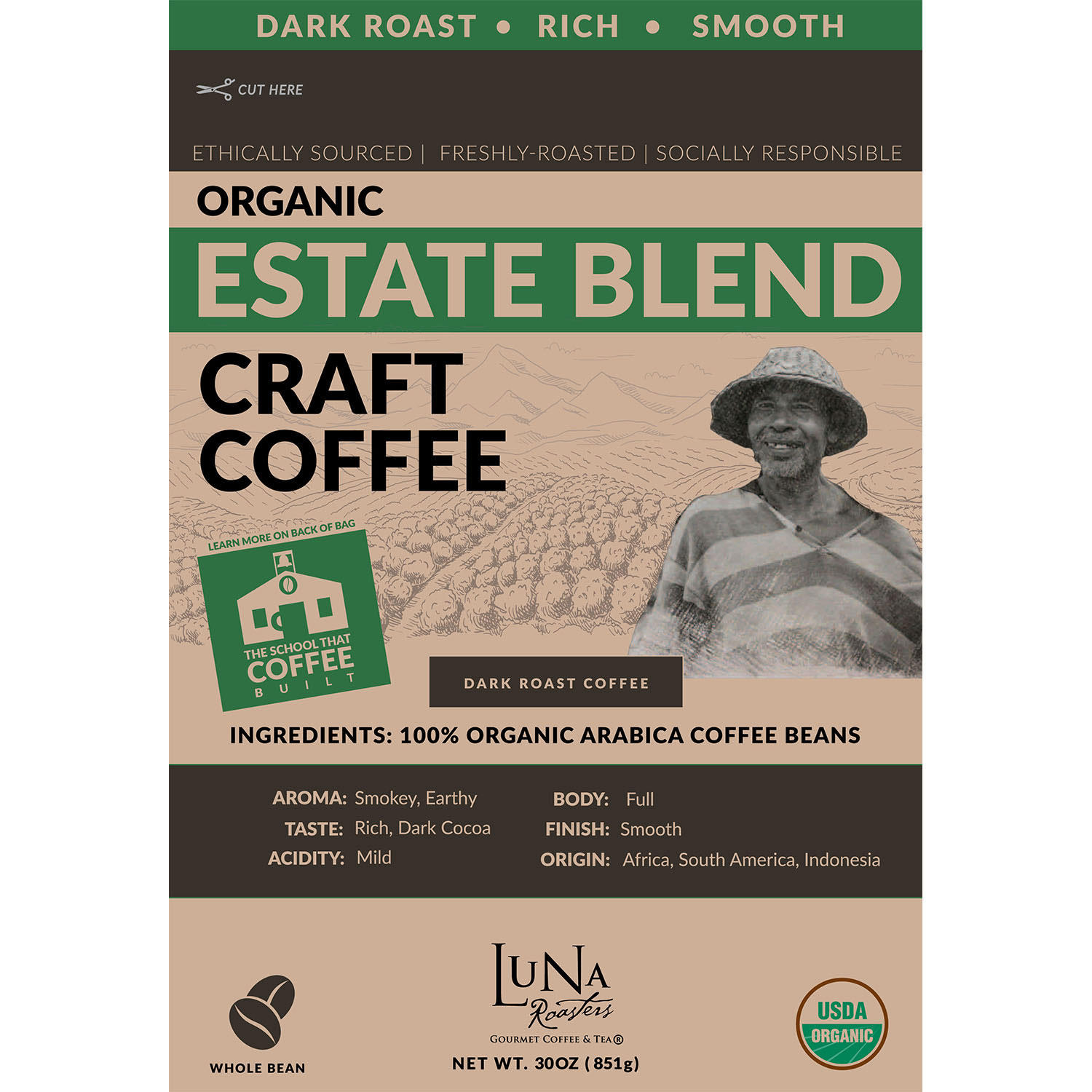 Luna Roasters Organic Estate Blend Craft Whole Bean Coffee, Dark Roast (30 oz.)