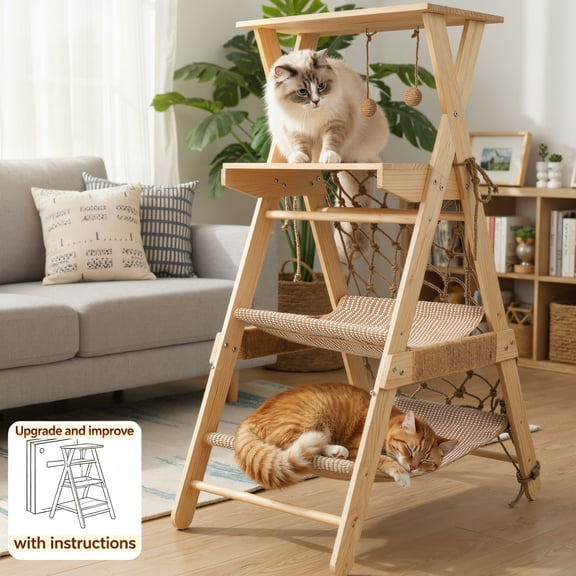 VGBYUJ 43.3" H Cat Tree, Wooden Cat Ladder with Hammock & Sisal Scratch Post for Big Cats Indoor Outdoor