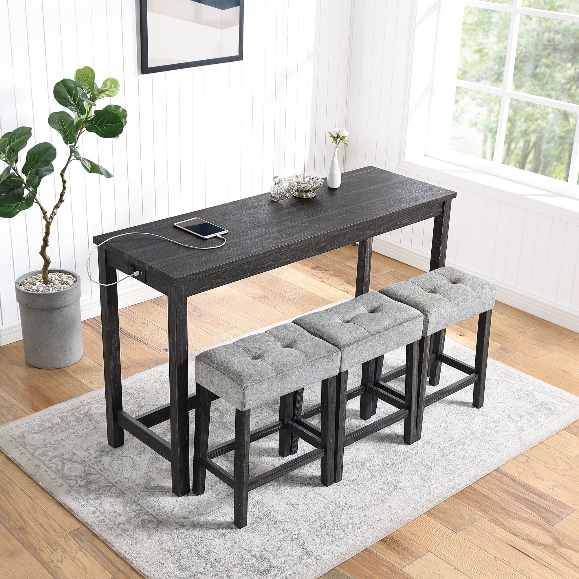 Leumius 4 Piece Bar Table Set with Power Outlet,Rustic Industrial Style Breakfast Table with 3 Padded Stools,Dining Bar Table and Chairs Set for Living Room, Dining Room, Game Room,Black