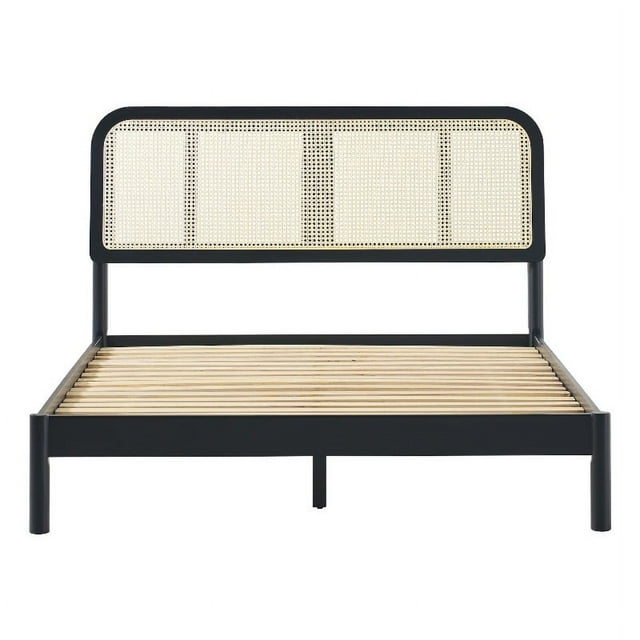 Curved Rattan Headboard Solid Wood Queen Bedframe - Queen Size - Black