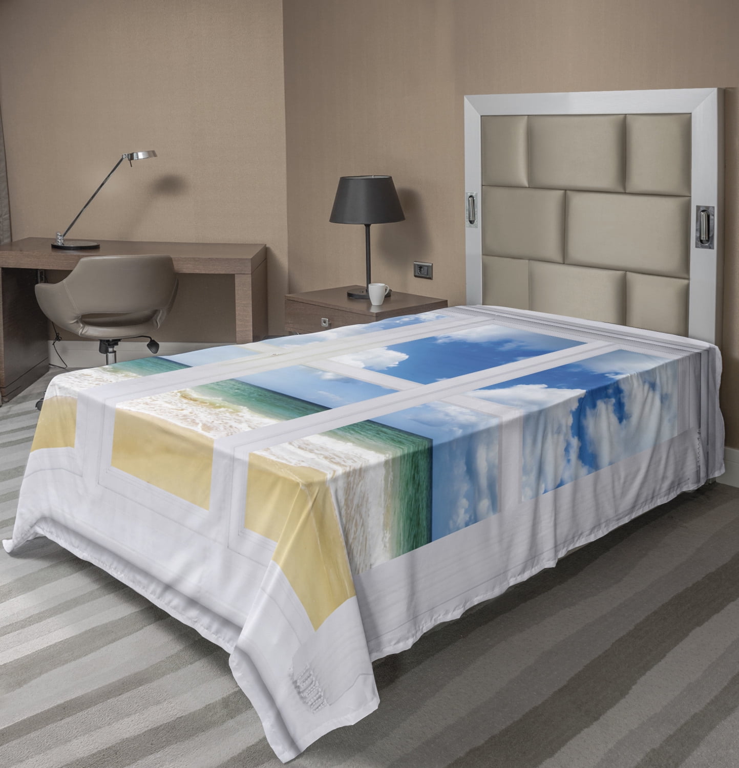 Beach Flat Sheet, Beach House Window Overlooking Ocean View Sunshine