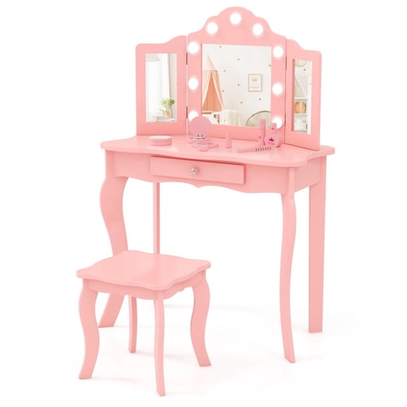 Furnibear Kids Vanity Table and Stool Set with Tri-Folding Mirror 3-Color LED Lights and Storage for Pretend Play, Pink