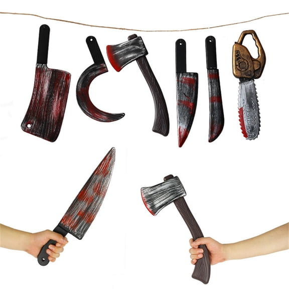 Halloween Plastic Bloody Weapon Decor Set, Realistic Fake Axe Sickle Saw Horror Decors, Scary Costume Accessories for Halloween Party Stage Haunted House