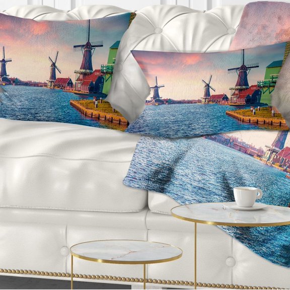Designart Zaandam Mills on Water Channel - Landscape Printed Throw Pillow - 12x20