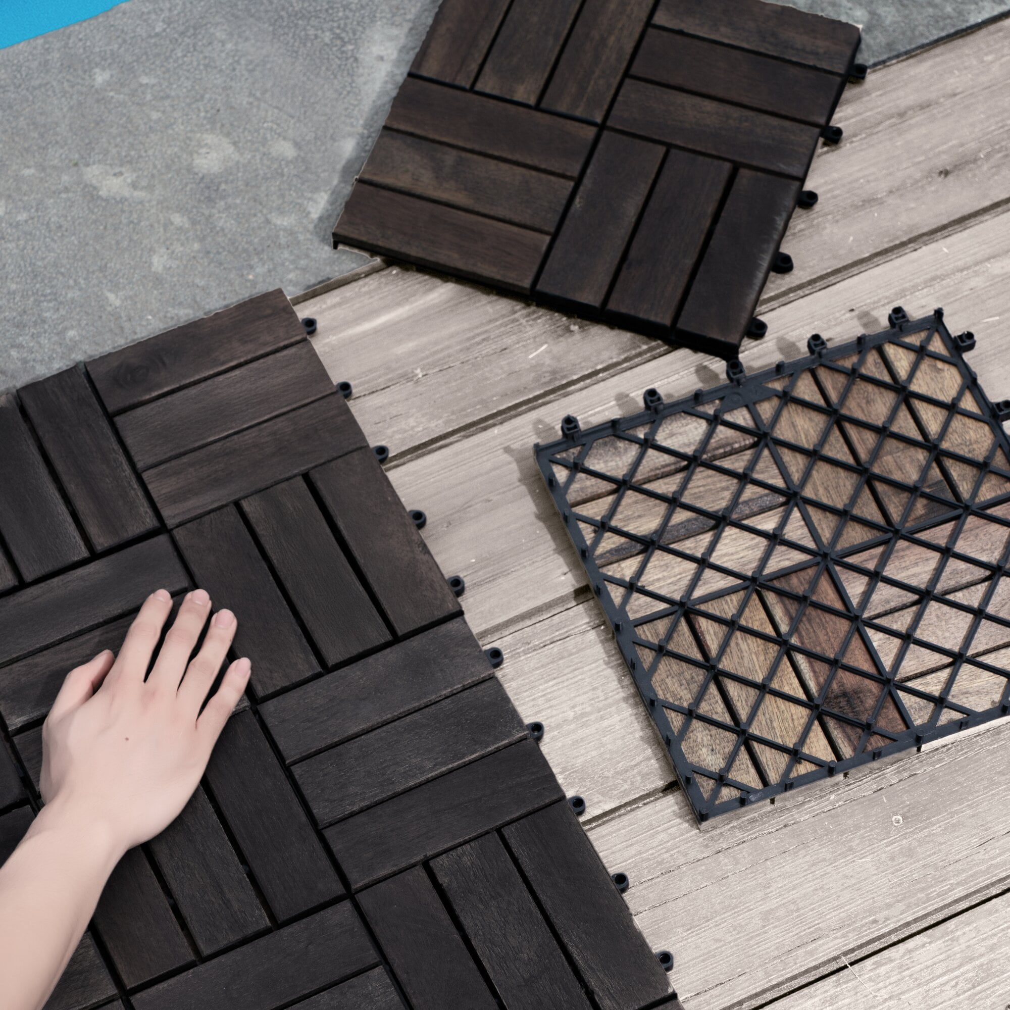Yoneston 30PCS Acacia Wood Interlocking Deck Tiles, Waterproof Outdoor Flooring 12" x 12" Square Checker Pattern for Patio, Bancony, Pool Side, Garden, Black