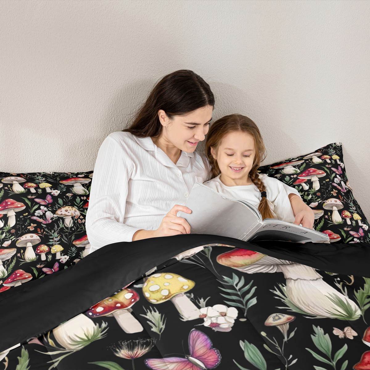 Homewish Kawaii Pink Butterfly 7-Piece King Bedding Set Red Mushroom Rustic Floral Breathable Reversible Decor For Teens
