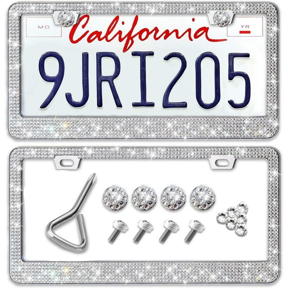 Bling License Plate Frame, 2 Pack Rhinestone License Plate Frames Holder Cover for Women (White)