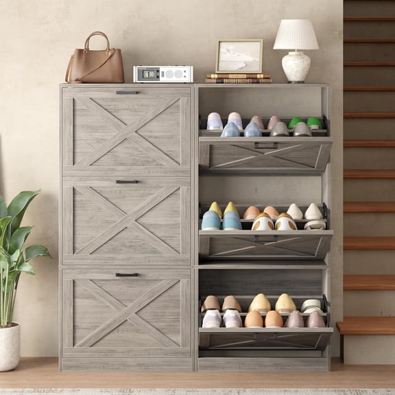 Shoe Storage Cabinet for Entryway,24" Slim Shoe Organizer with 3 Flip Drawers, Narrow Shoe Rack Cabinet, Farmhouse Hidden Shoe Cabinet for Foyer, Front Door Entrance, Washed Gray