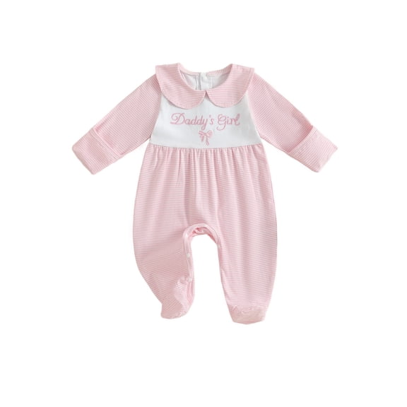 BemeyourBBs Newborn Baby Daddy's Girls Outfit Footied Romper Stripe Letter Embroidery Long Sleeve Jumpsuit Fall Winter Clothes