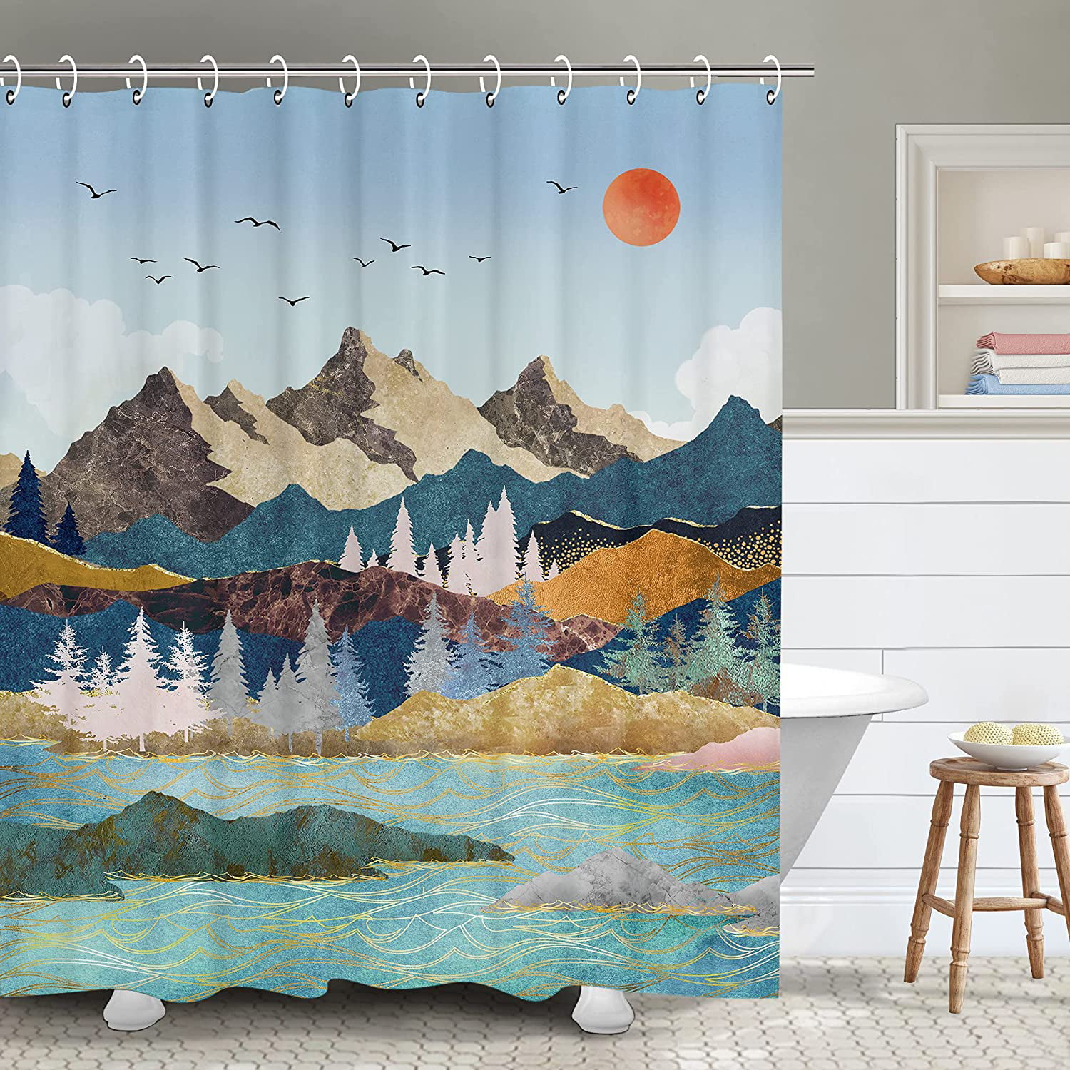 Details about   Sunset Colorful Mountain Landscapes Birds Waterproof Fabric Shower Curtain Set 