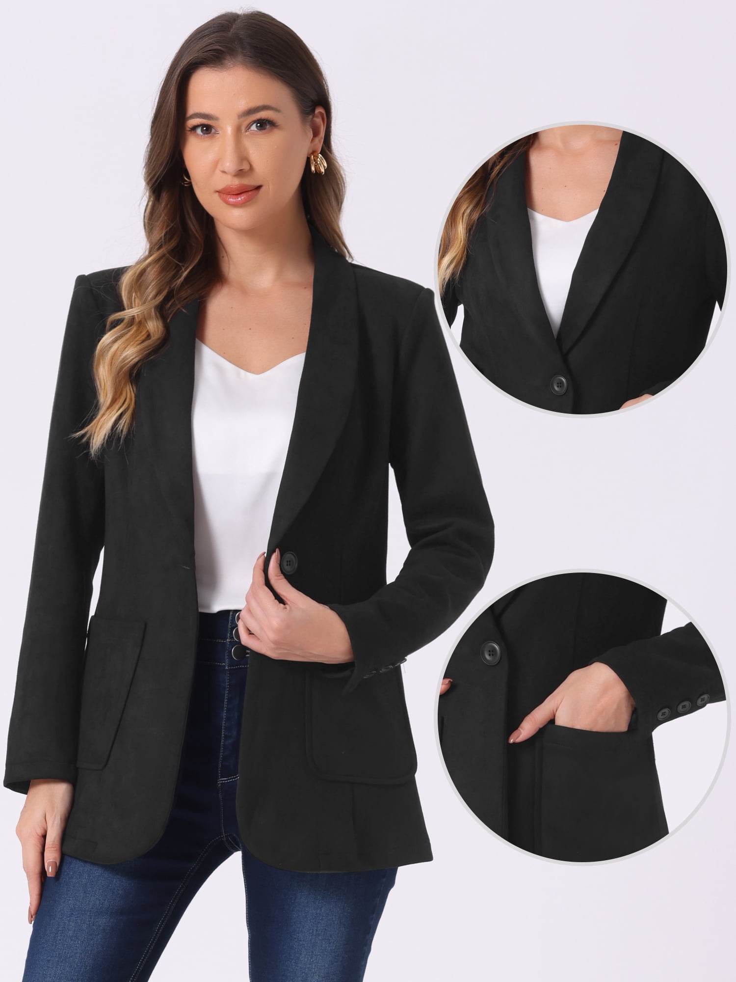 DARING DIVA Women's Faux Suede Lapel Collar One Button Dressy Suit Jacket M Black