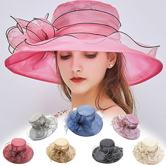 Summer Beach Hat for Women, Floral Organza Wide Brim Church Fascinator Lady Tea Party Sun Beach Hat Elegant Cap