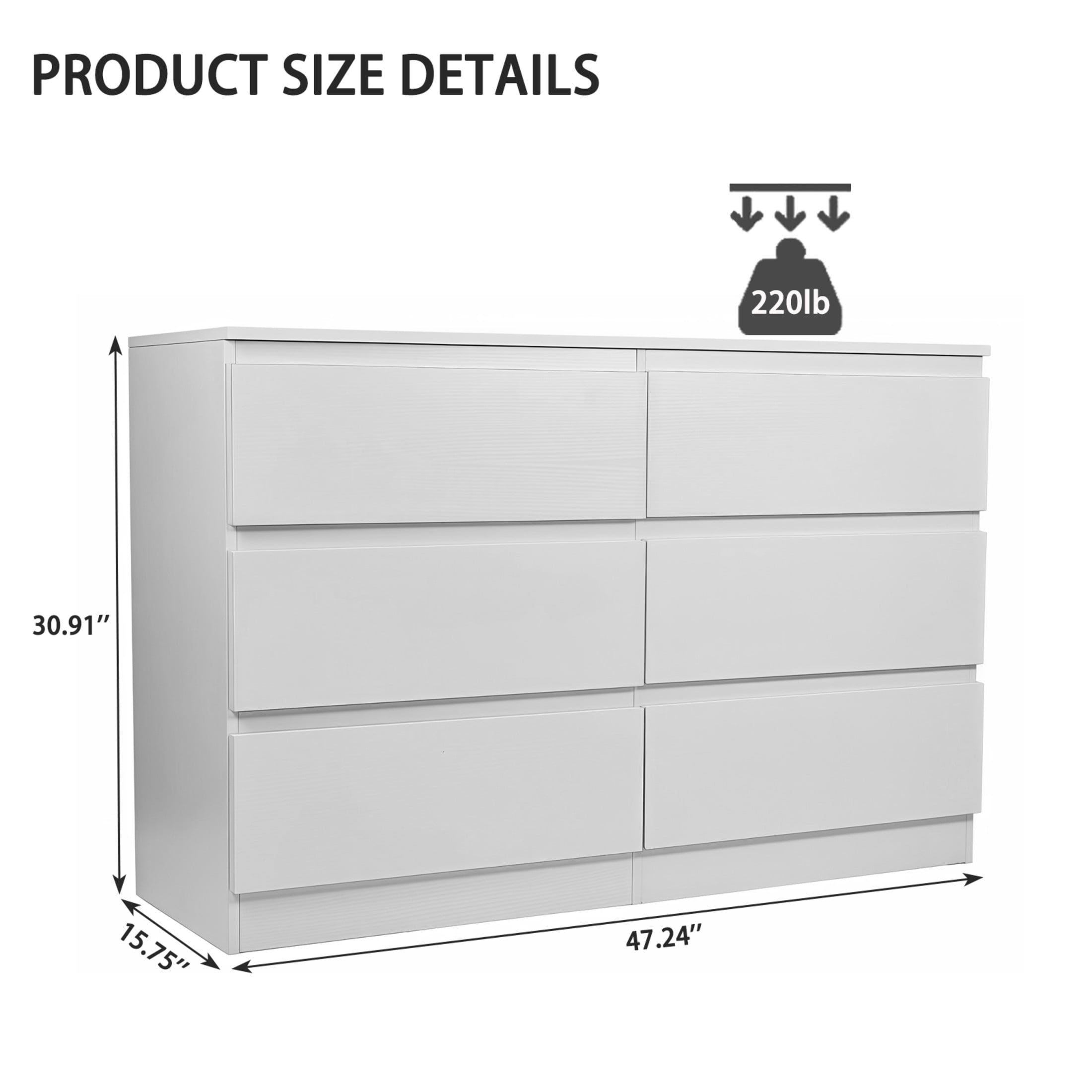 Noble House 6-Drawer Dresser, Modern Wooden Storage Cabinet, Concealed Handles, for Bedroom, Living Room, White