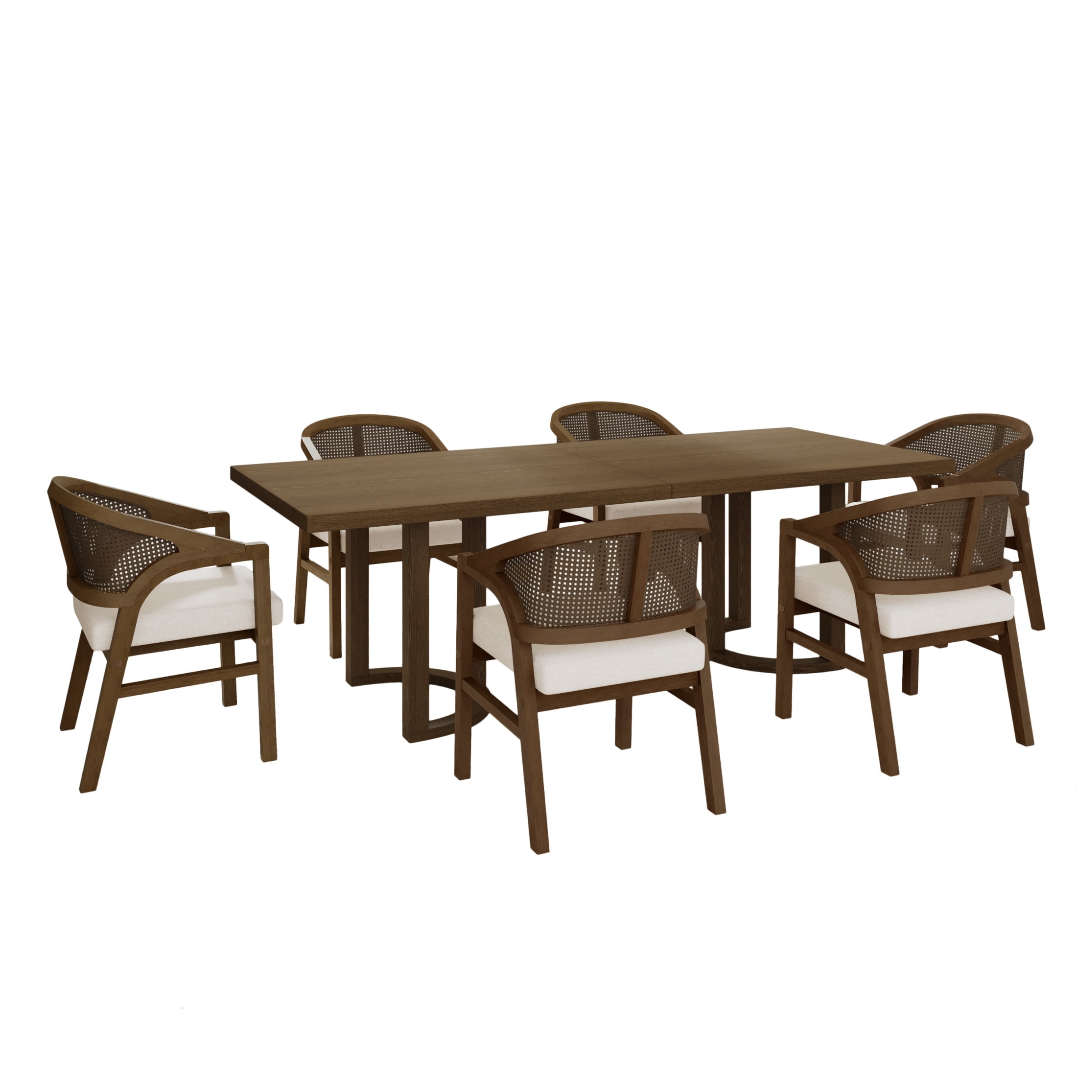 Christopher Knight Home 7-Piece Dining Set with 95" Wood Table, Rattan Back Upholstered Chairs, Walnut+Beige