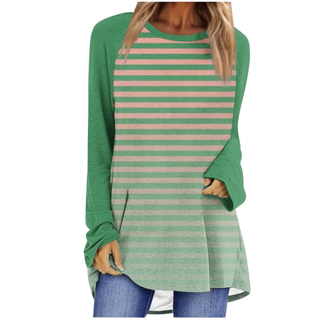 Hauts pour Femmes Tendance Col Rond Raglan Manches Longues Chandail Hauts Mode Automne Décontracté Rayé Ample Blouses Surdimensionnées Chandail Manches Longues pour Femmes P-106 Vert G