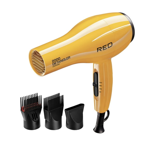 RED by KISS Sèche-Cheveux en Céramique 2000, Sèche-Cheveux Professionnel de Salon 3 Accessoires Inclus, 2 Démêleurs, 1 Concentrateur d'Air (Jaune)