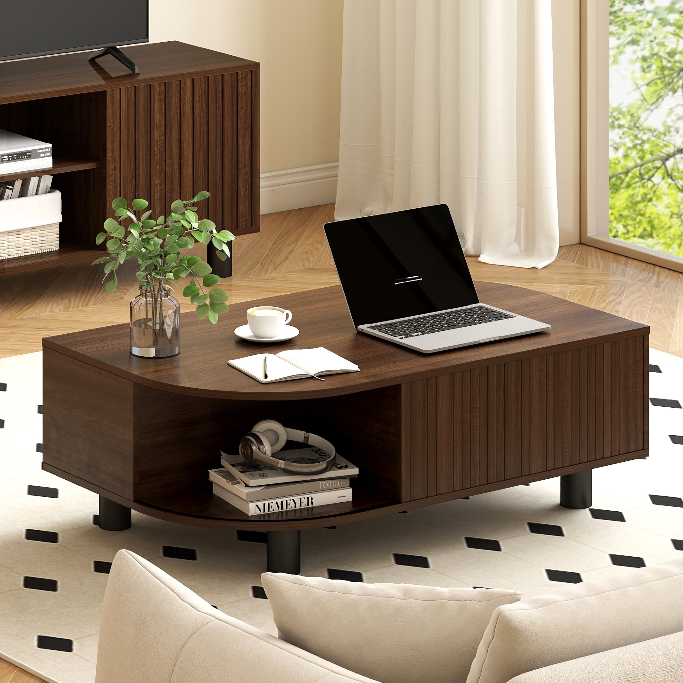 Anrist Wood Coffee Table with Storage & Fluted Sliding Doors for Living room, Unique Leaf-Shaped Design, Walnut