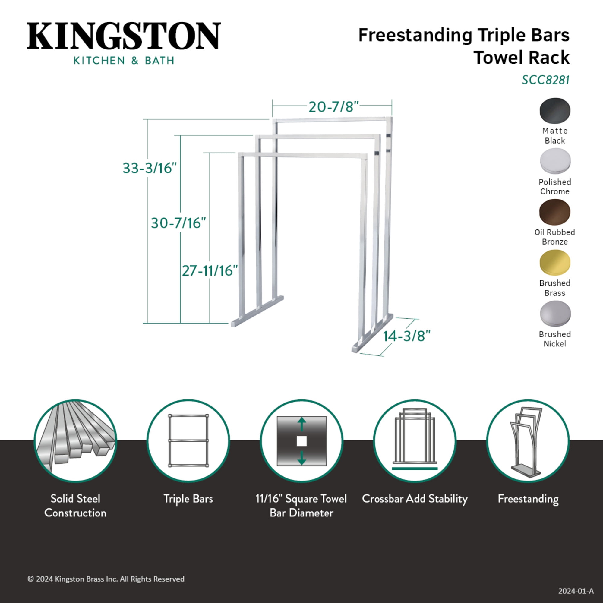 Kingston Brass SCC8280 Edenscape 33-3/16 Inch Freestanding Pedestal 3-Tier Towel Rack in Matte Black