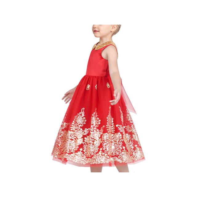 Girls Dress Red Floral Gold Embroidery Party Pageant Ball Gown Sleeveless 12 Years