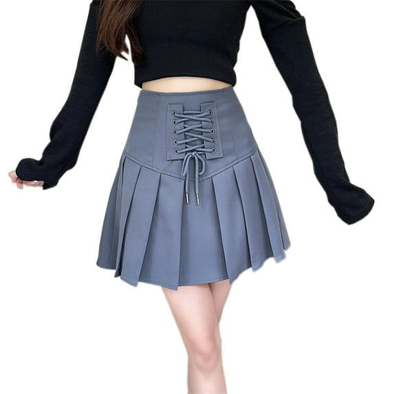 YM YOUMU Women Pleated Short Skirt Lace-up High Waist A-line Solid Color