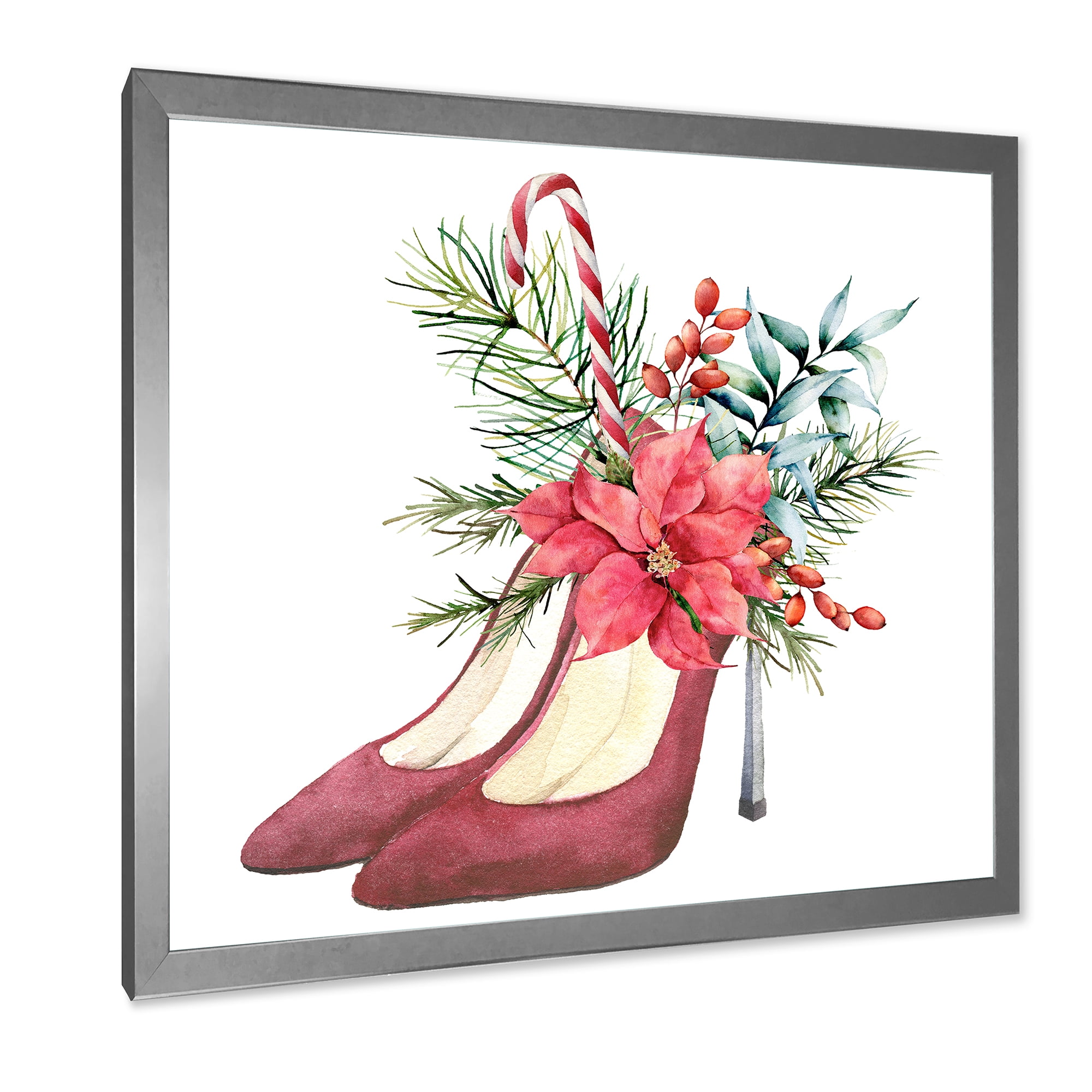 Designart 'Red Suede Heeled Shoes With Christmas Red Floral Decor' Traditional Framed Art Print