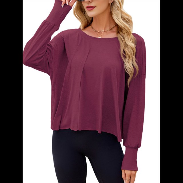 Top de Yoga Informal, Holgado, de Larga y Color Liso para Mujer, Suave y Transpirable. Rojo Oscuro L