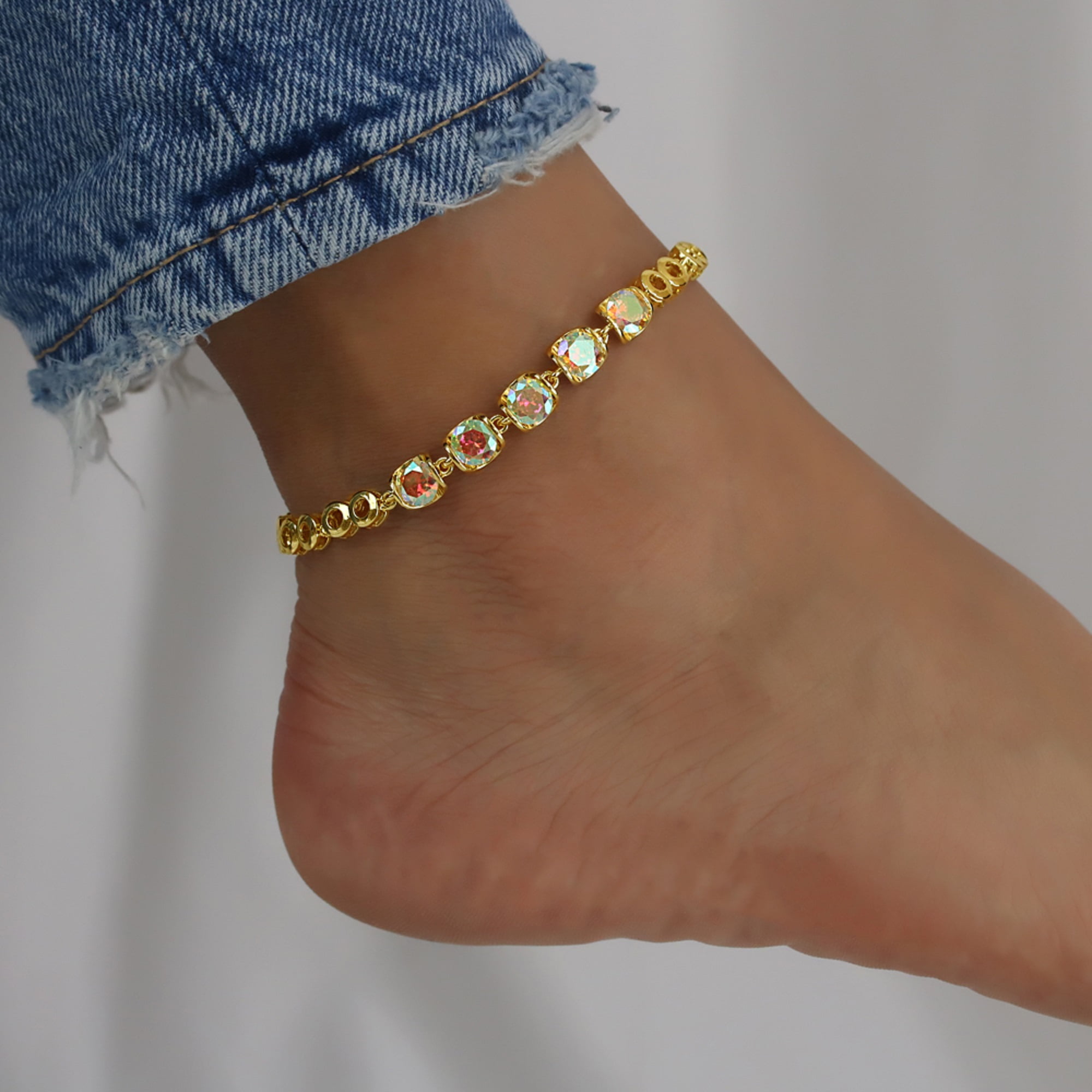 Kaash Custom Women's CZ Stone Fine Ankle Bracelet, 8"+2" inch Adjustable Size in Brass Mertal