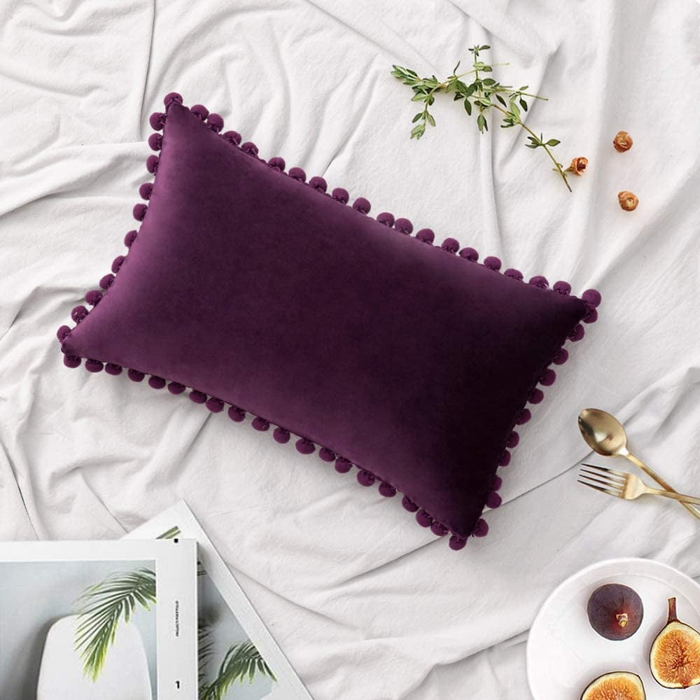of 2 Velvet Throw Pillow Covers Pompom Decorative Pillowcases Solid Soft Cushion Covers with Square for Couch Sofa Bedroom Car 18x18inch Dark Green