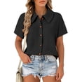 thumbnail image 4 of Women's Waffle Button Down Collared Shirt Short Sleeve Casual Blouse Loose Fit Lightweight Waffle Knit Gauze Shirts Summer Dressy Casual Office Work Blouse Business Camping Clothes Black L, 4 of 7