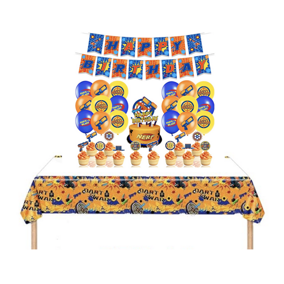 Dart war games birthday decor  tablecloth and banner balloons , orange blue theme