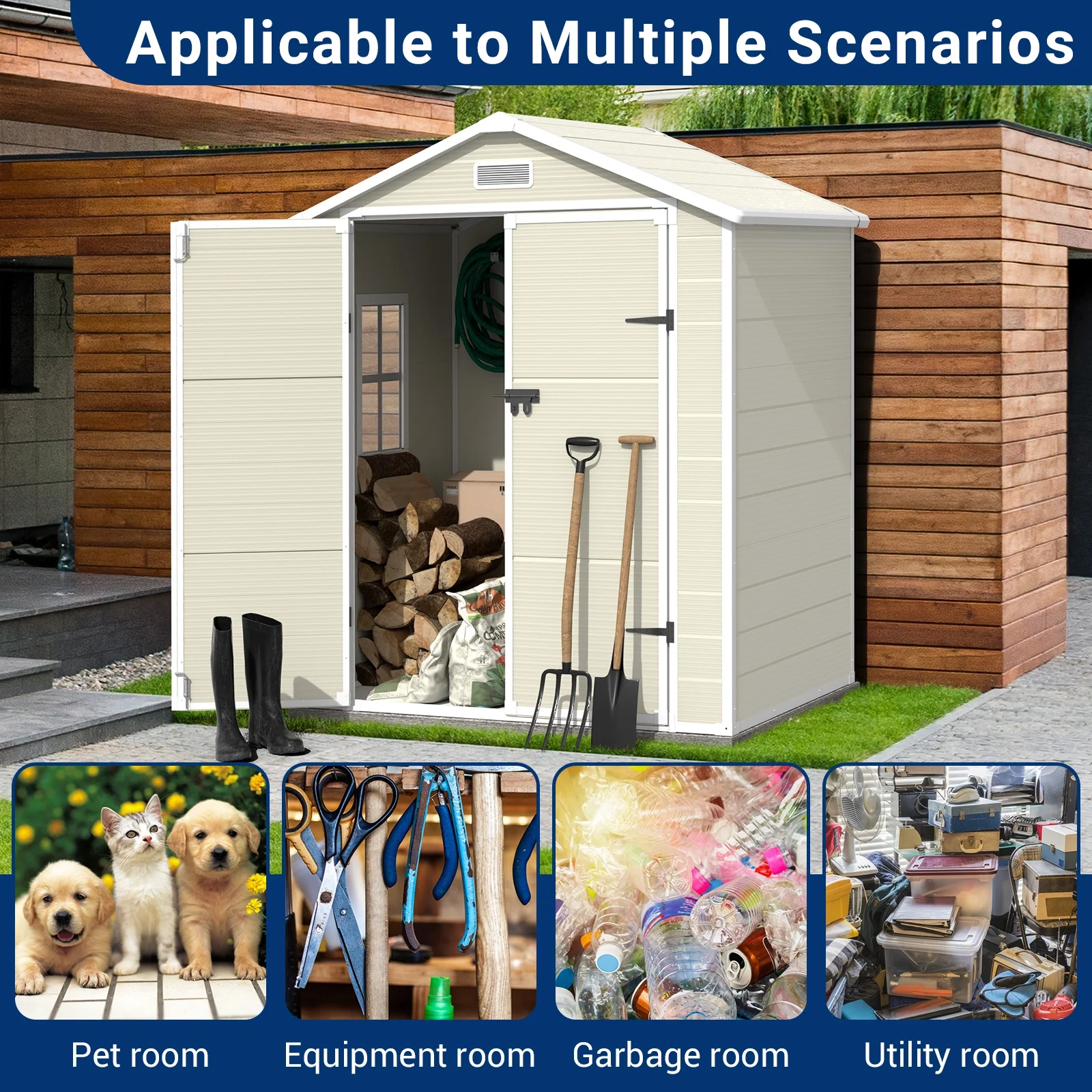 Amopatio Storage Shed 6×4.5 FT, Resin Sheds & Plastic Outdoor Storage with Floor Outdoors Garden Tool Shed Tuff Outside Patio Shed with Lockable Door for Bike,Sandstone