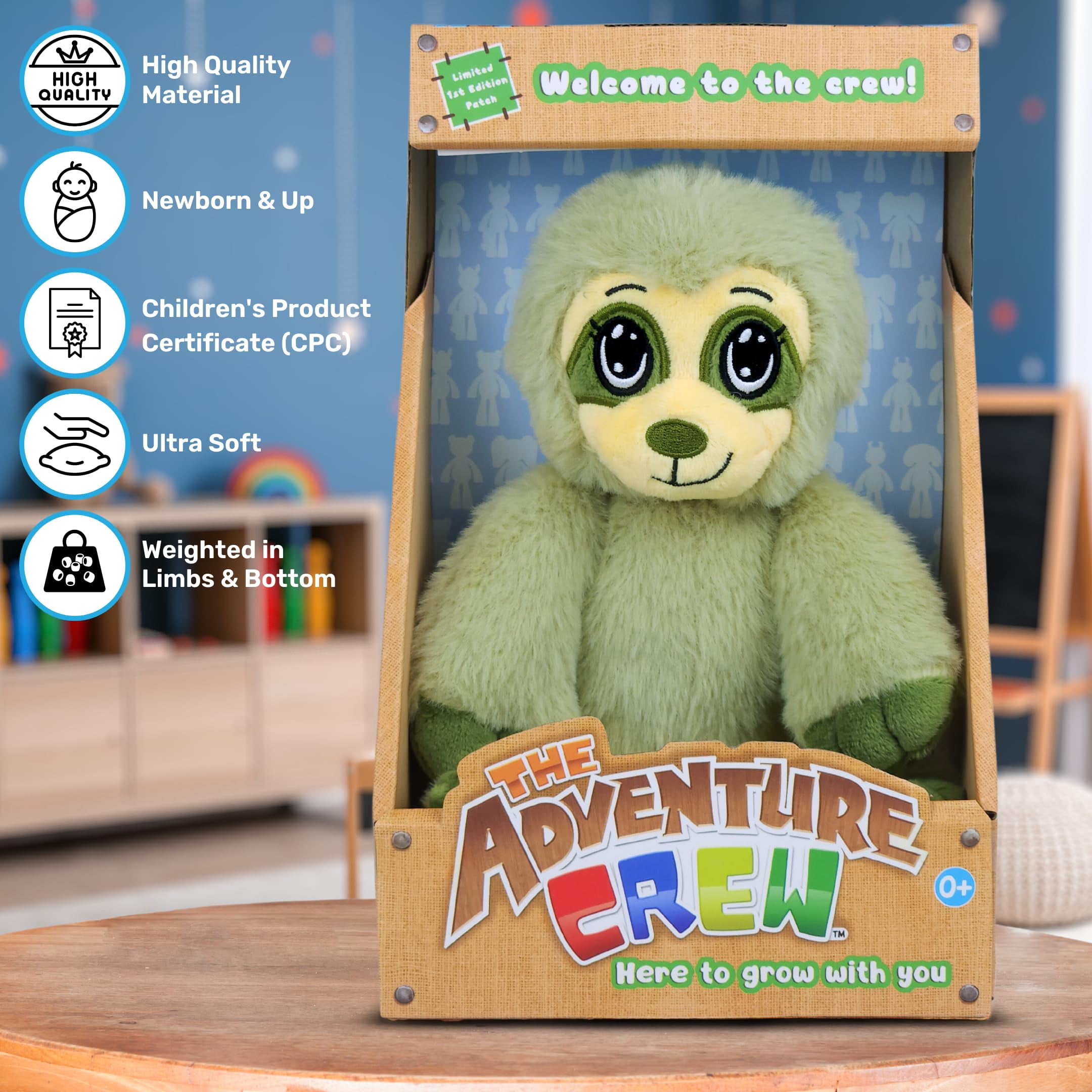 The Adventure Crew Sami the Sloth Plush Comfort / Activity Toy for Newborn and Up | Ultra-Soft, 11.5" Compact Size with Weighted Limbs | Interactive Companion for Early Learning