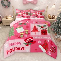 Manfei Cartoon Santa Claus Queen Comforter Set for Kids, Christmas Tree Socks Hats Bedding Sets, Happy Holiday Reversible Bedding Comforter Set, Luxury Bedroom Decor, 3-Piece
