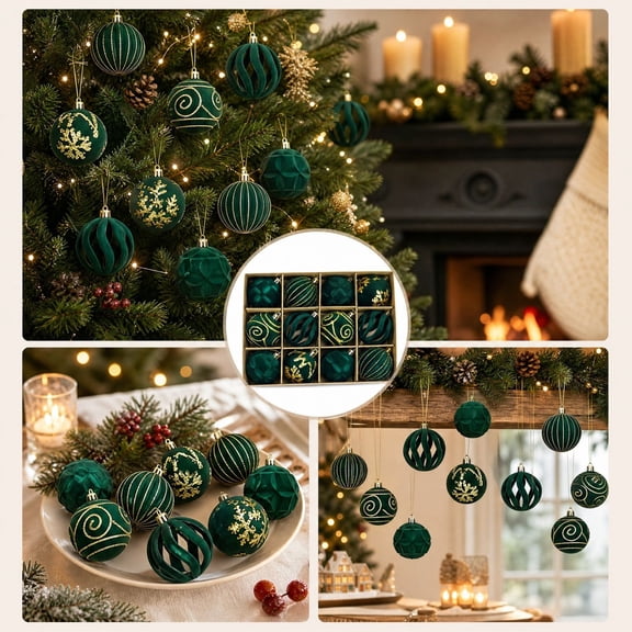 Xiying Patterned Christmas Ball Ornaments, 12 Piece Set, Dark Green, 2.36 Inch Plastic Tree Decorations