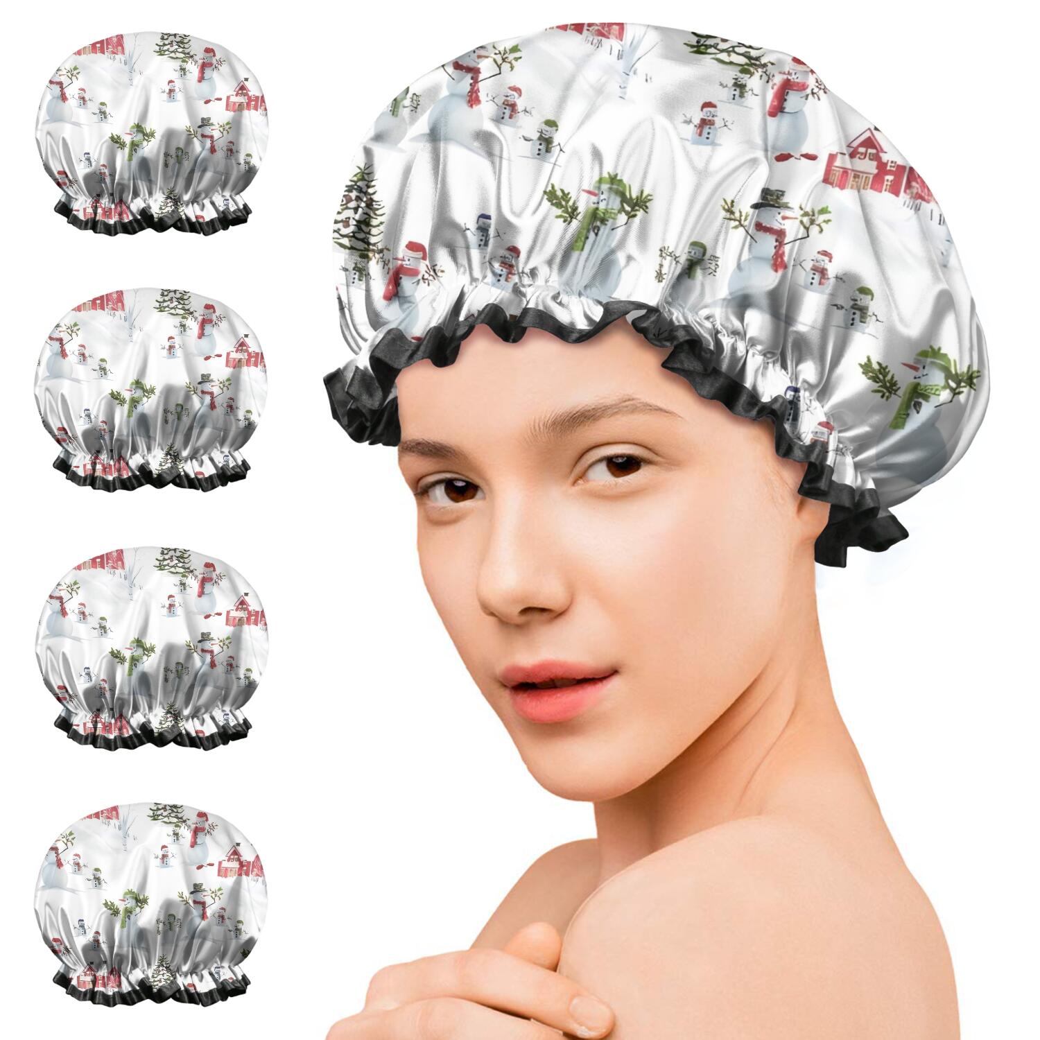 Shower Caps,White Christmas Snowman Pattern Waterproof Shower Cap for Women 4 Pieces,Double Reusable Hair Cover for Shower PEVA Elastic Stretch Hem