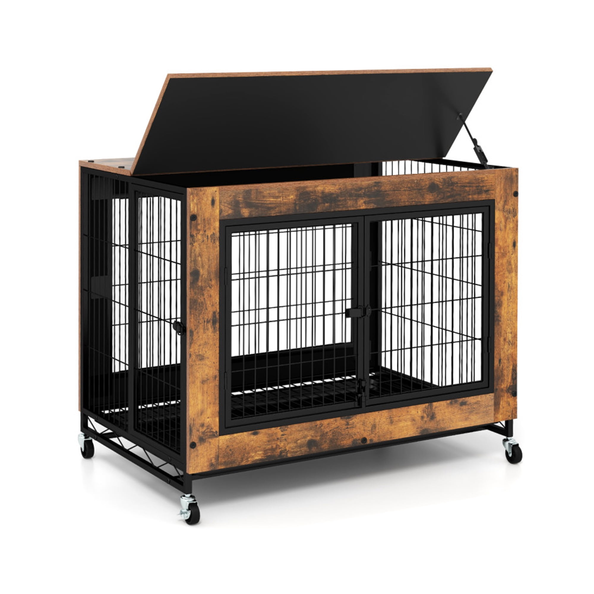 Pefilos 35" Industrial Dog Crate for Indoor Side End Table Dog Cage with Double Doors and Lift Top Heavy-Duty Pet Cages for Dogs Modern Kennel, Brown