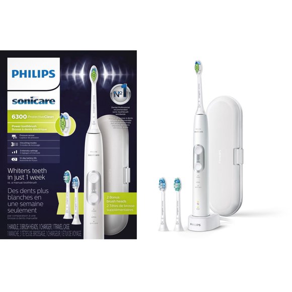 Philips Sonicare 6300 Whitening & Plaque Rechargeable Electric Toothbrush & Travel Case, HX6463, White