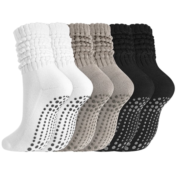 Bocaoying 3 Pairs Women's Scrunch Socks with Grips, Breathable Non-Slip Gripper Socks for Pilates, Barre, Yoga & Home, Anti-Slip Comfort  Slouch Socks for Women Young to Seniors