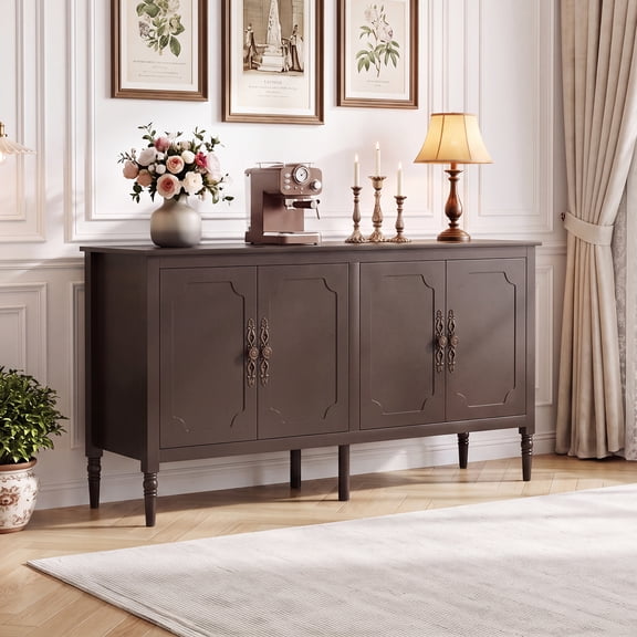 Costway 58" Vintage Buffet Cabinet with 4 Doors & 2 Shelves, Storage, Pine Wood Legs Brown