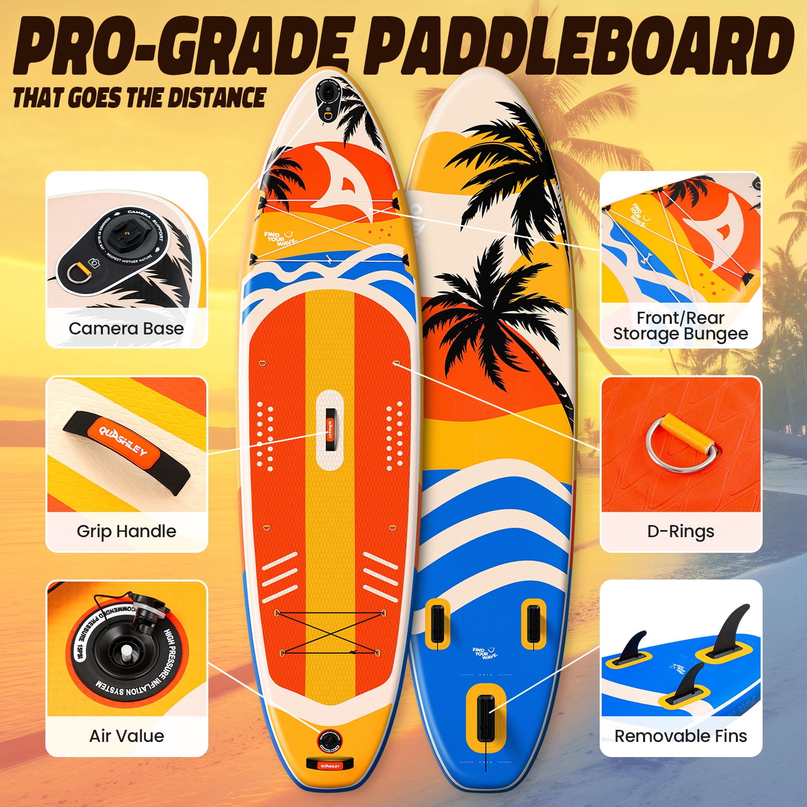 Quashley Wide Inflatable Stand up Paddle Board, 11 ft x 34 inch All-Around SUP Board with Paddle, Hand Pump, Backpack and Leash