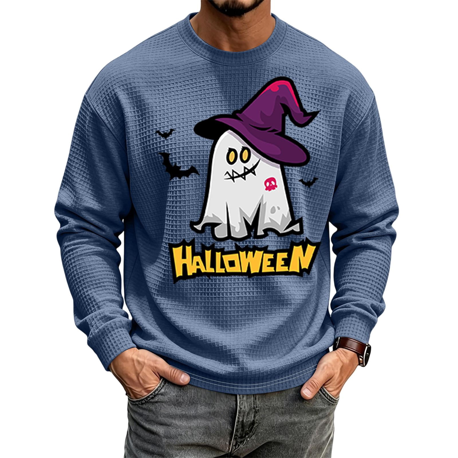 Hearthz S-5XL Ghost Jack-O Bat Print Big and Tall Sweatshirts for Men Waffle Knit Men's Dress Shirts Long Sleeve Halloween Fall Lightweight Pullover Men