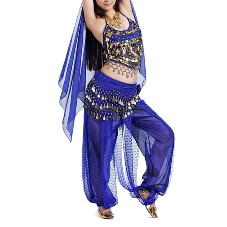 BellyLady Egyptian Belly Dance Costume, Halter Bra Top and Tribal Harem Pants-NavyBlue