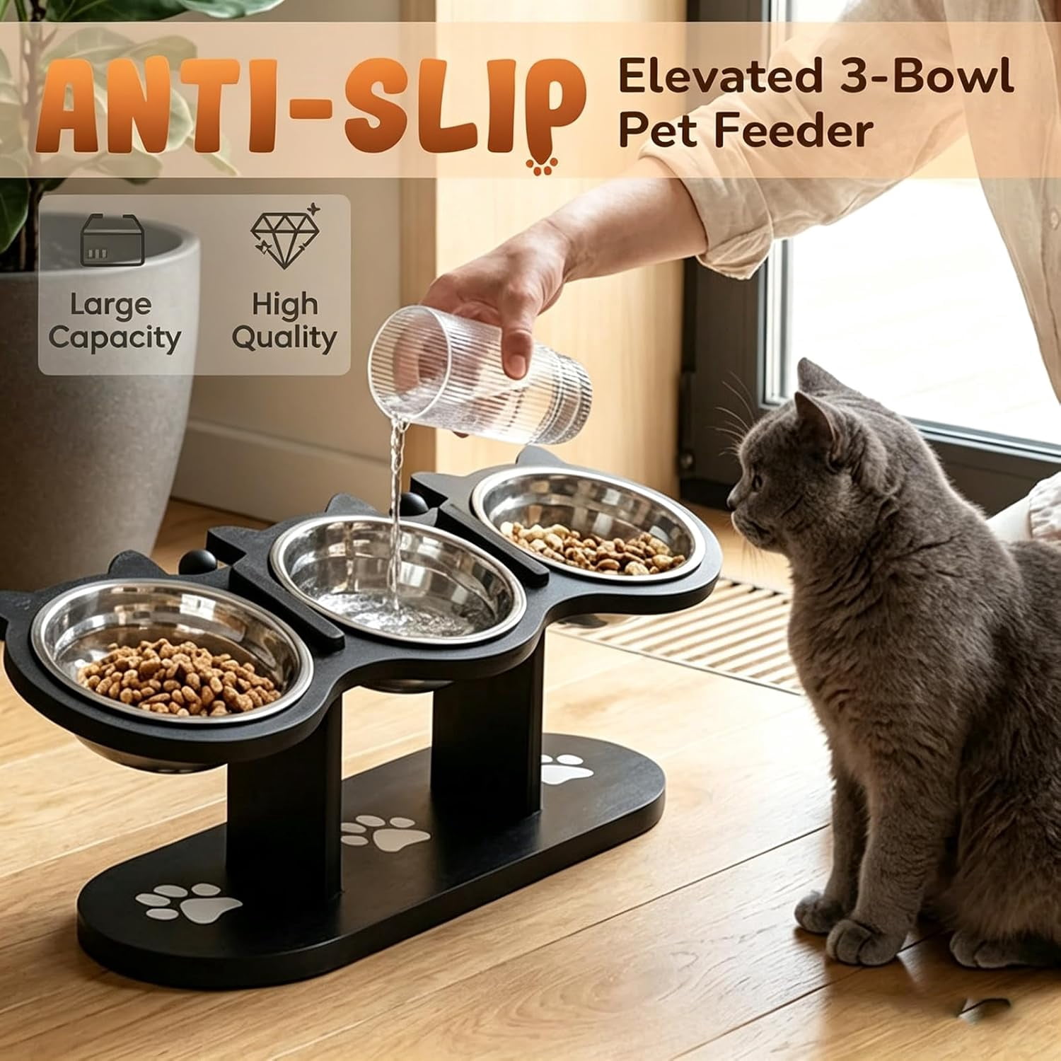 Anti-Slip Elevated 3-Bowl Pet Feeder Set, Raised Cat and Small Dog Food Water Bowls with Stand, No Spill Multi-Pet Feeding Station Water Bowl for Wet Dry Kibble, Neck Strain Relief (White)