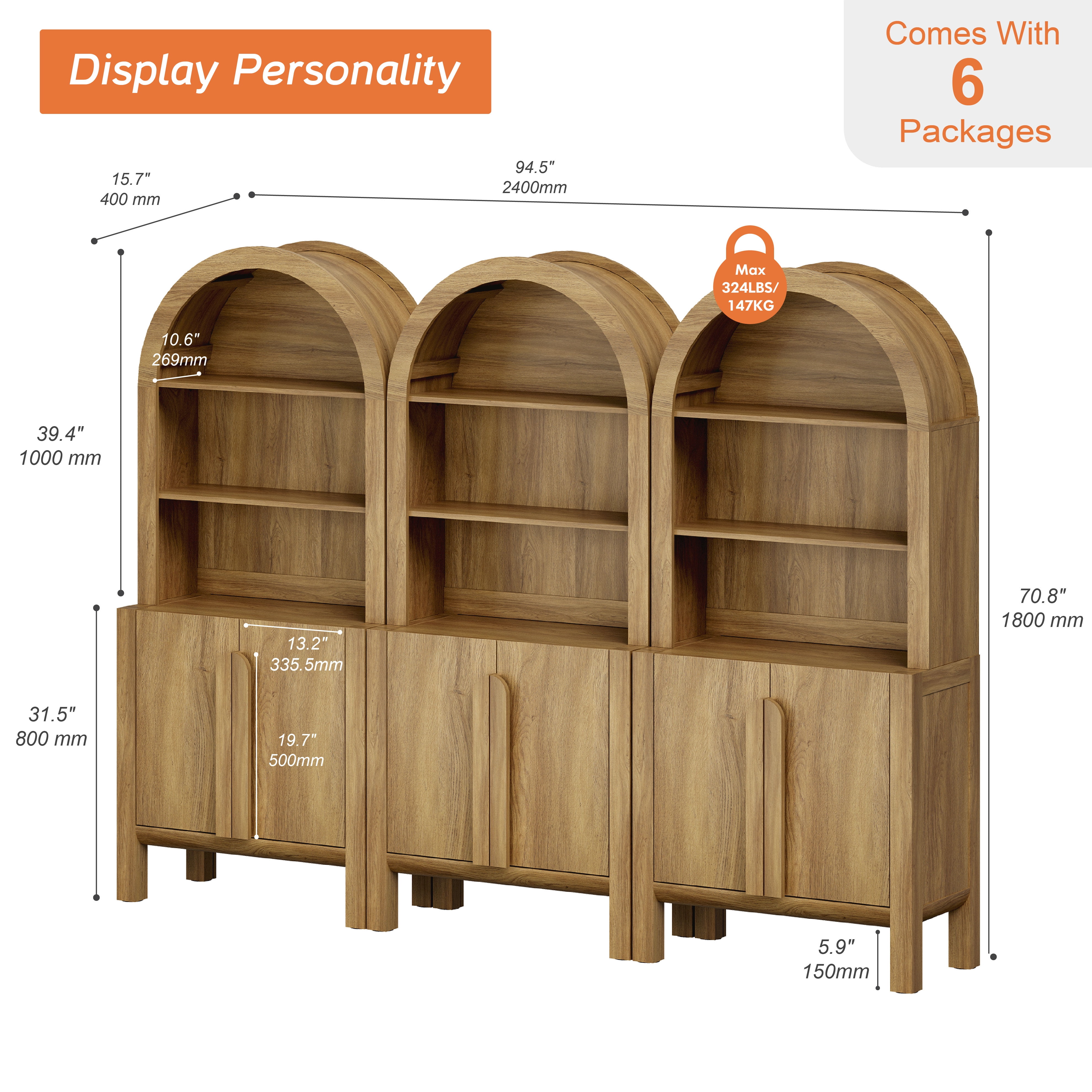 94.5"W Arched Kitchen Hutch Sideboard, Mid-Century Modern Buffet Hutch Cabinet with 6 Wooden Doors And 3 Tier Shelves