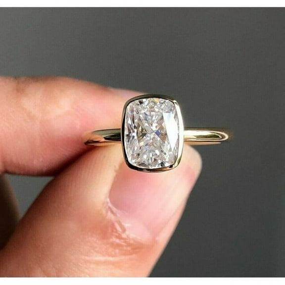 2Ct Cushion Cut Bezel Set Lab Created Diamond Wedding Solitaire Ring 925 Sterling Silver 14K Yellow Gold Plated Silver