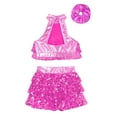 thumbnail image 4 of TiaoBug Kids Girls Sequins Sleeveless Crop Top with Ruffle Tutu Skirt Hair Band Set Latin Jazz Salsa Ballet Dance Costume Hot Pink 5-6, 4 of 5