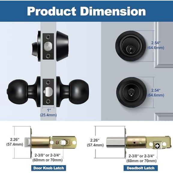 Keyed Alike Exterior Door Knob with Key Lock and Deadbolt, All Keyed Same, Matte Black Entry Door Knobs with Lock and Keys for Entrance and Front Door