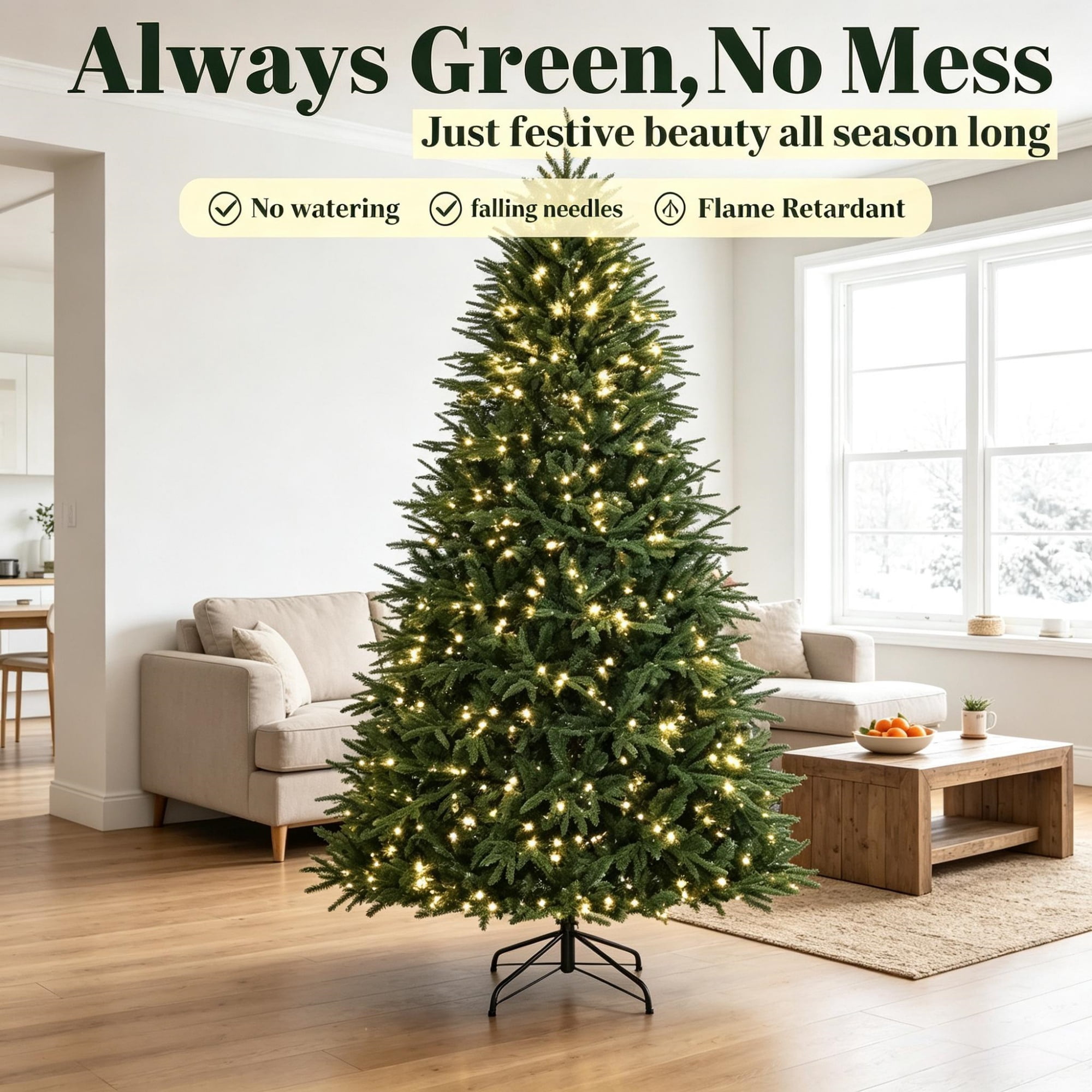 Pre-Lit Artificial Christmas Tree, 7.5 ft, 3719 Branch Tips, 1000 Warm White LED Lights, Hinged Sections, Metal Base