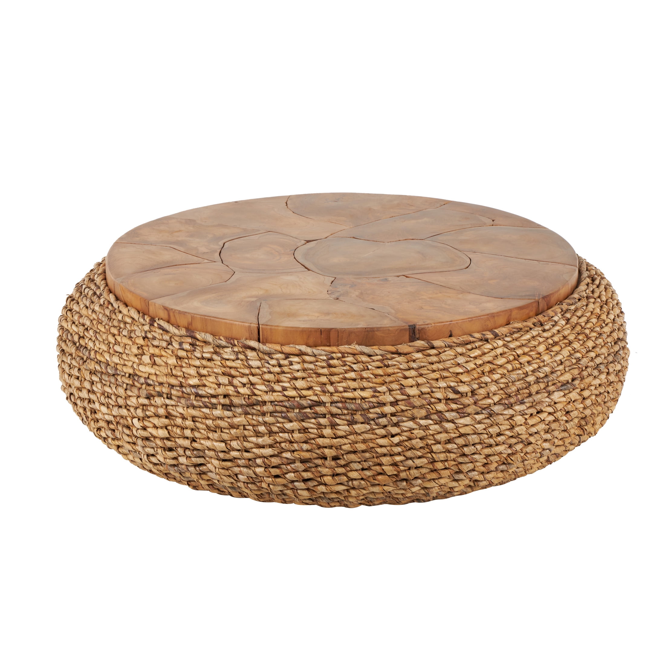 DecMode 47" x 15" Brown Rattan Wrapped Coffee Table with Teak Tabletop, 1-Piece
