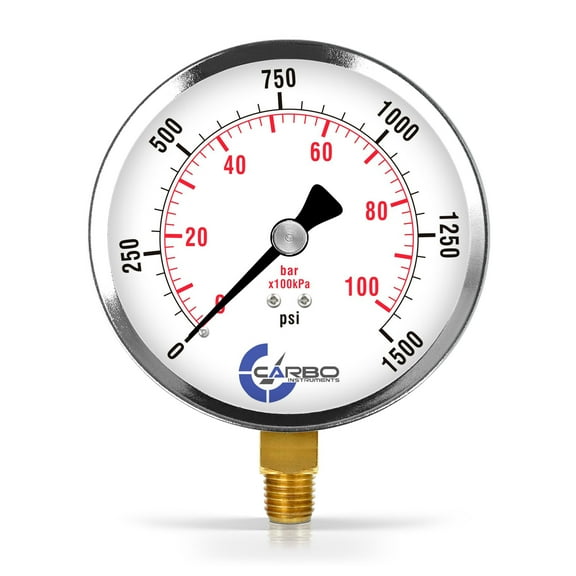 CARBO Instruments 4" Pressure Gauge, Chrome Plated Steel Case, Dry, 0-1500 psi/kPa, Lower Mount 1/4" NPT